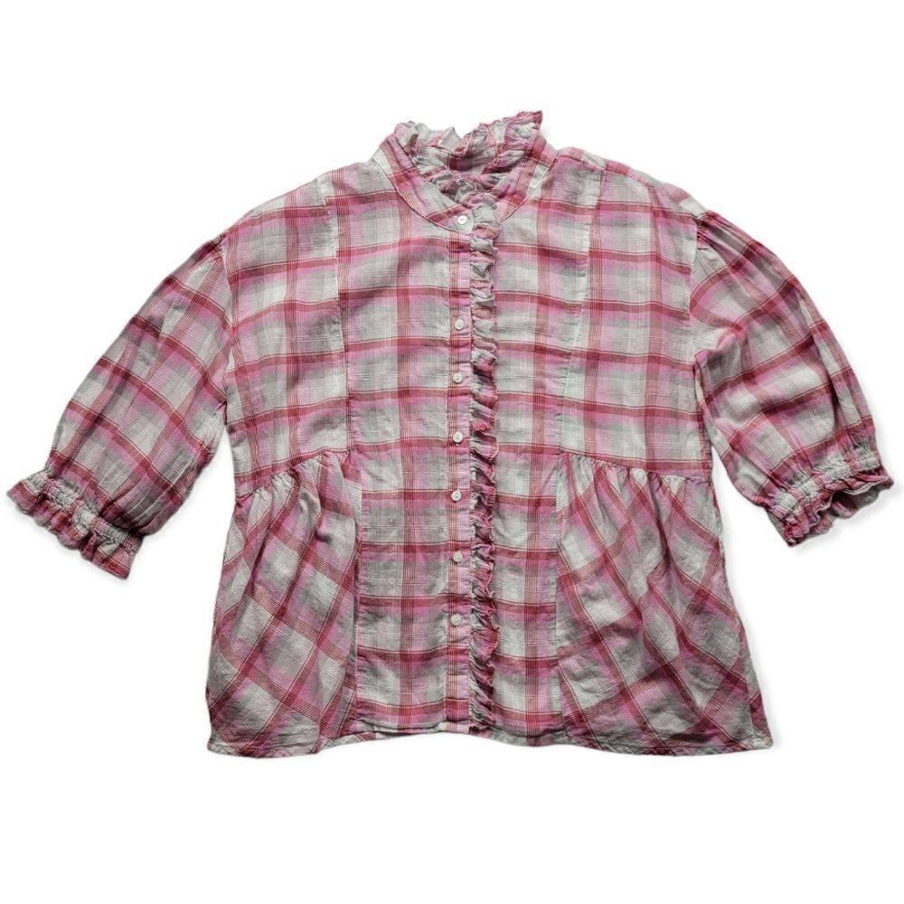 Sundance Women's Pink Plaid‎ Peplum Button Down Ruffle Top Size XS